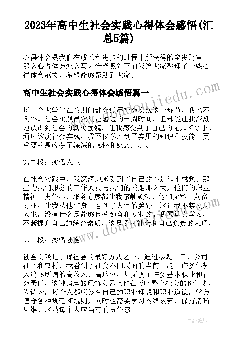 2023年高中生社会实践心得体会感悟(汇总5篇)