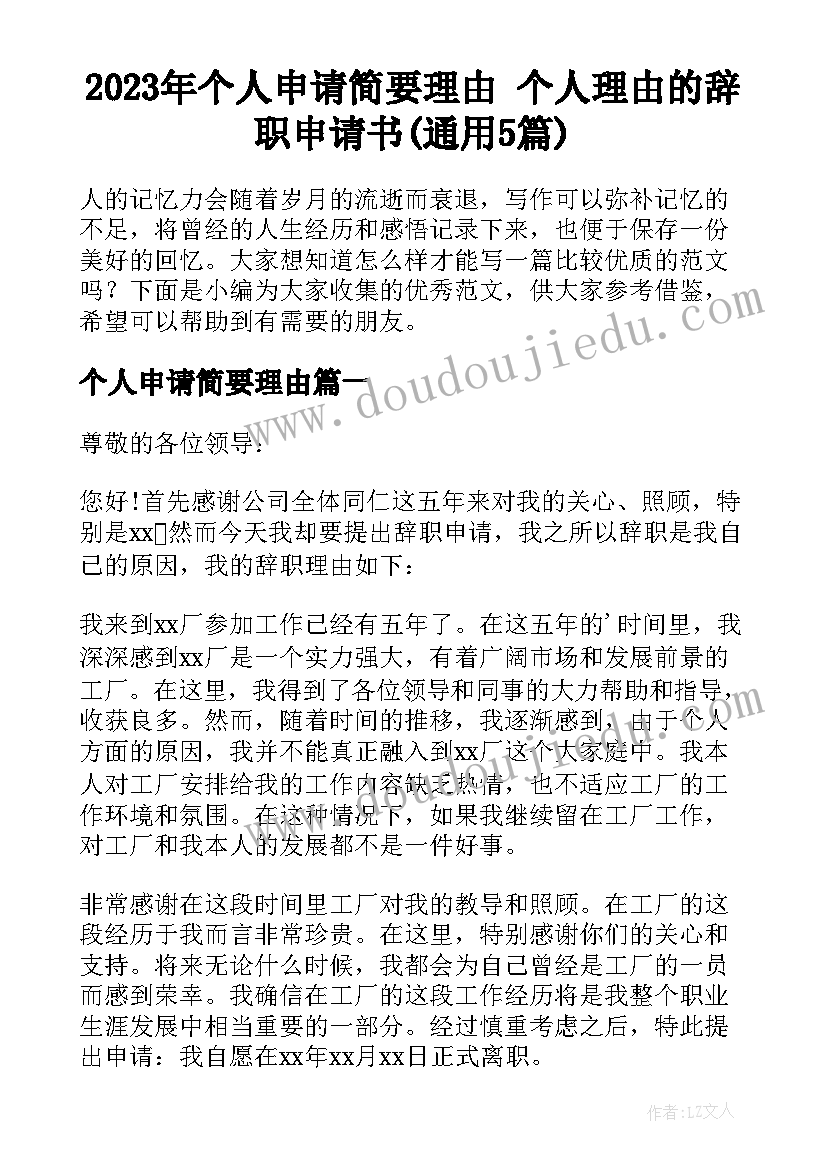 2023年个人申请简要理由 个人理由的辞职申请书(通用5篇)