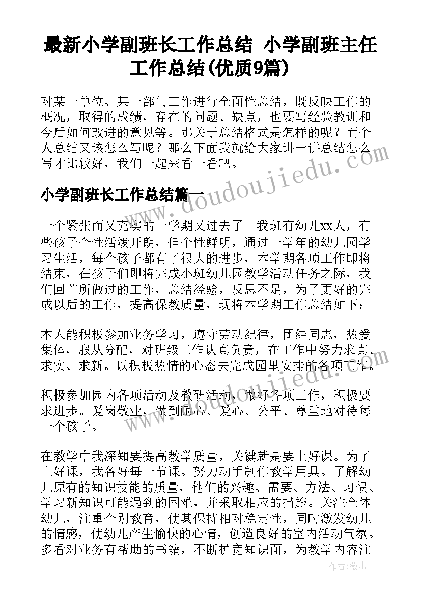 最新小学副班长工作总结 小学副班主任工作总结(优质9篇)