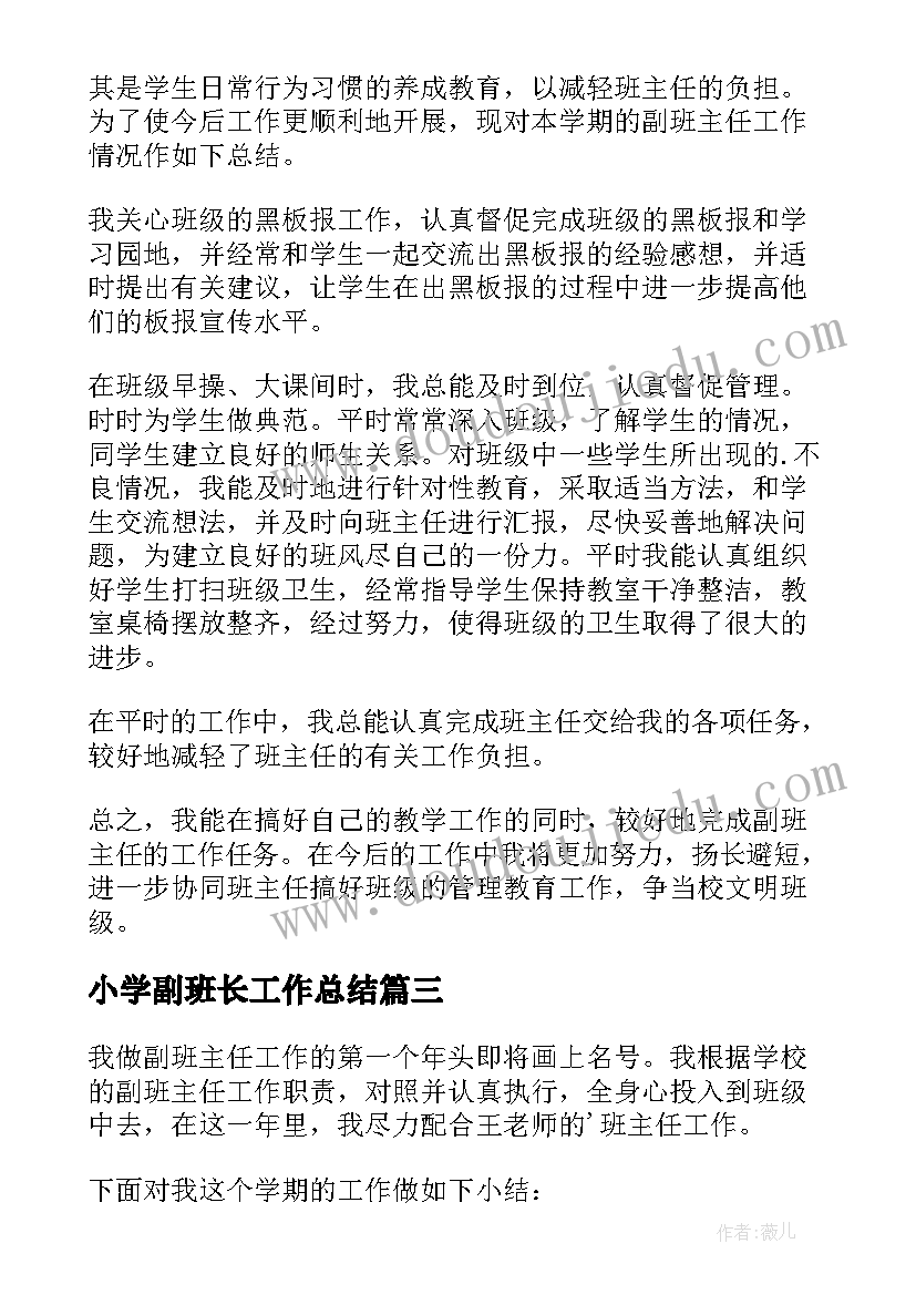 最新小学副班长工作总结 小学副班主任工作总结(优质9篇)