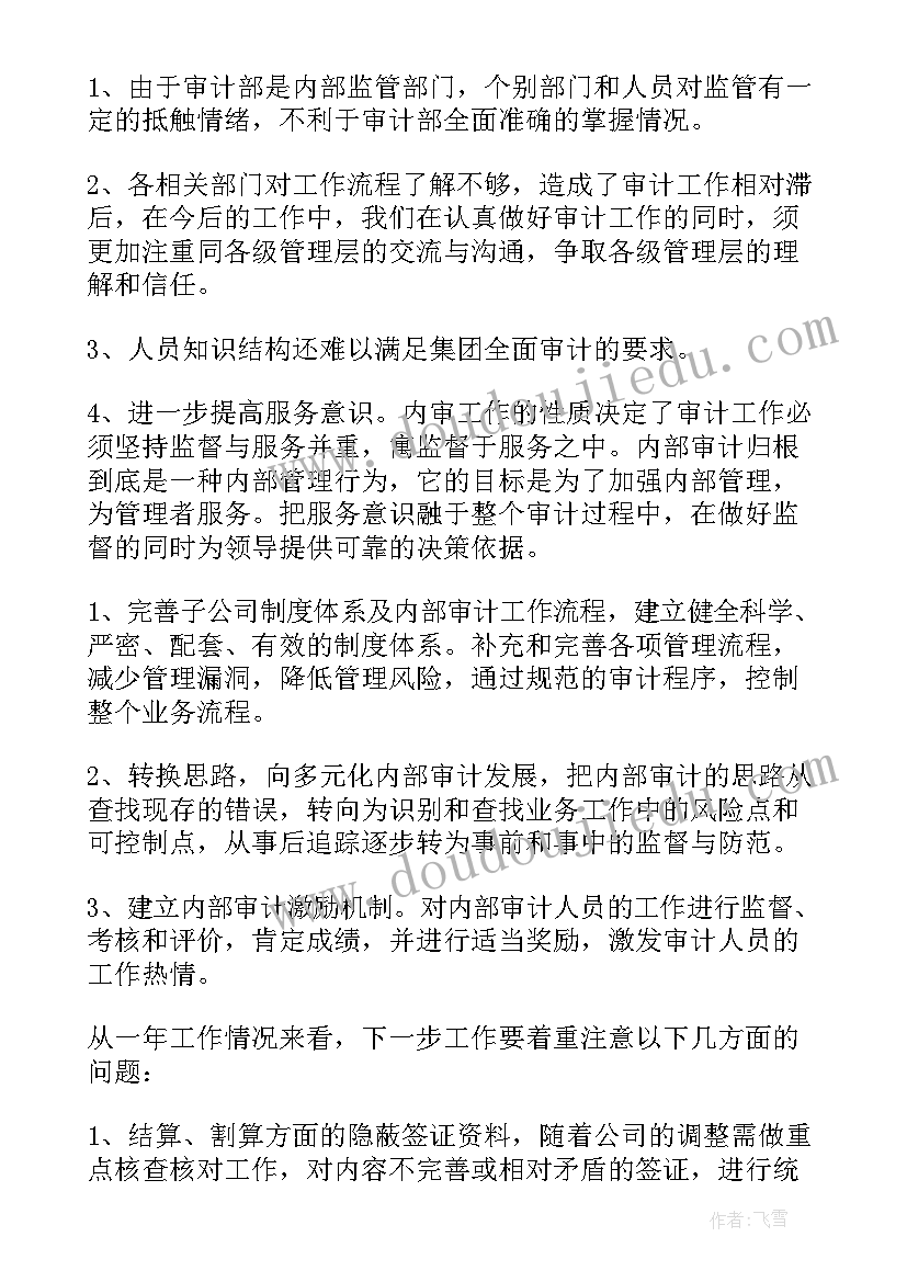 国企内部审计人员工作总结(大全5篇)