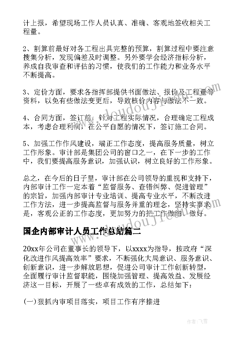 国企内部审计人员工作总结(大全5篇)