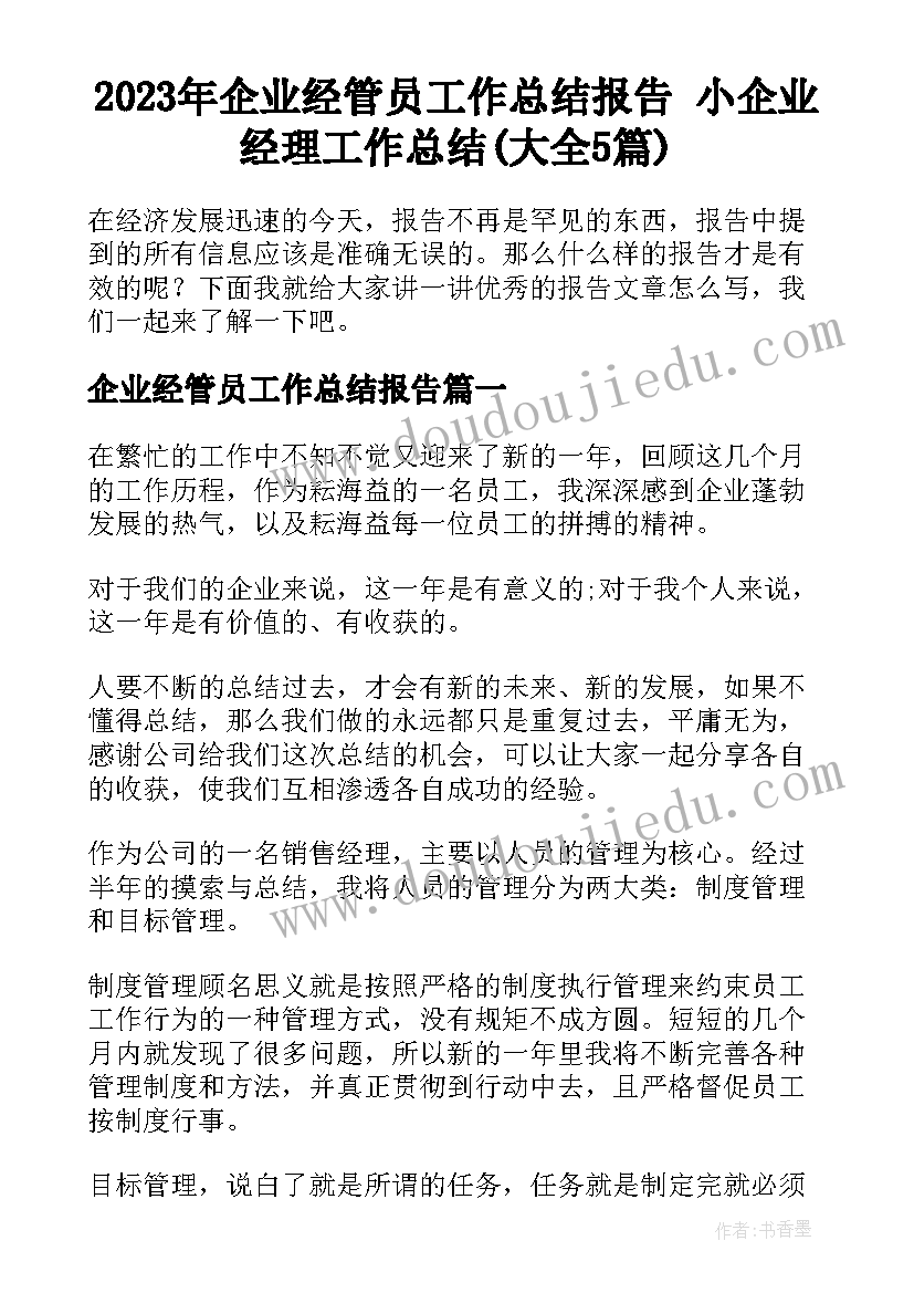 2023年企业经管员工作总结报告 小企业经理工作总结(大全5篇)