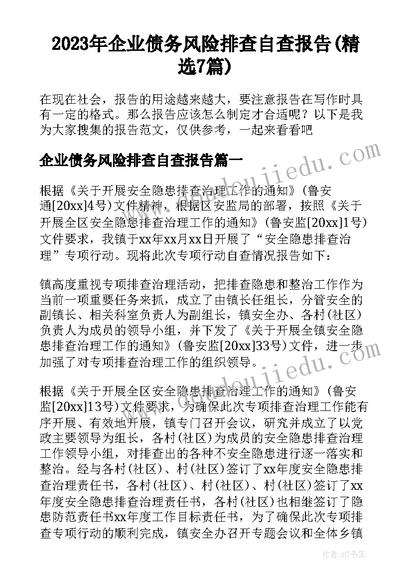 2023年企业债务风险排查自查报告(精选7篇)