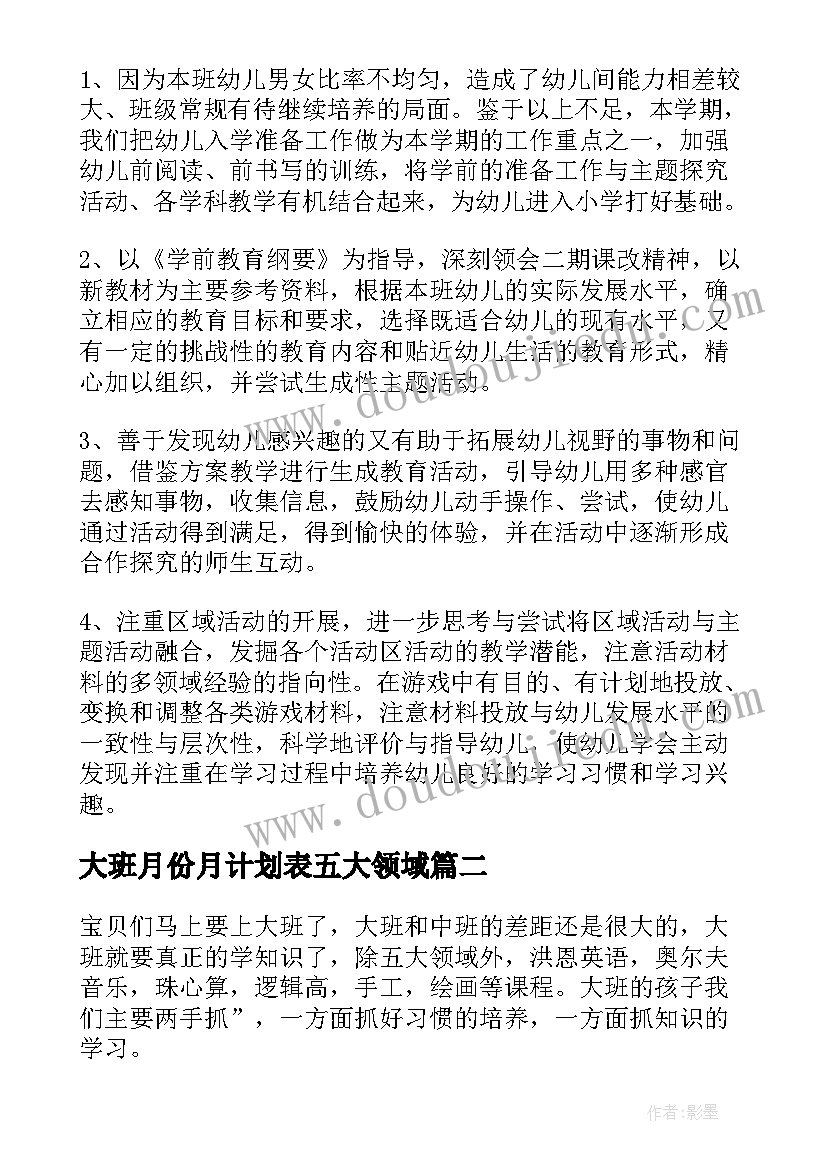 最新大班月份月计划表五大领域 大班下学期教学计划五大领域(汇总5篇)