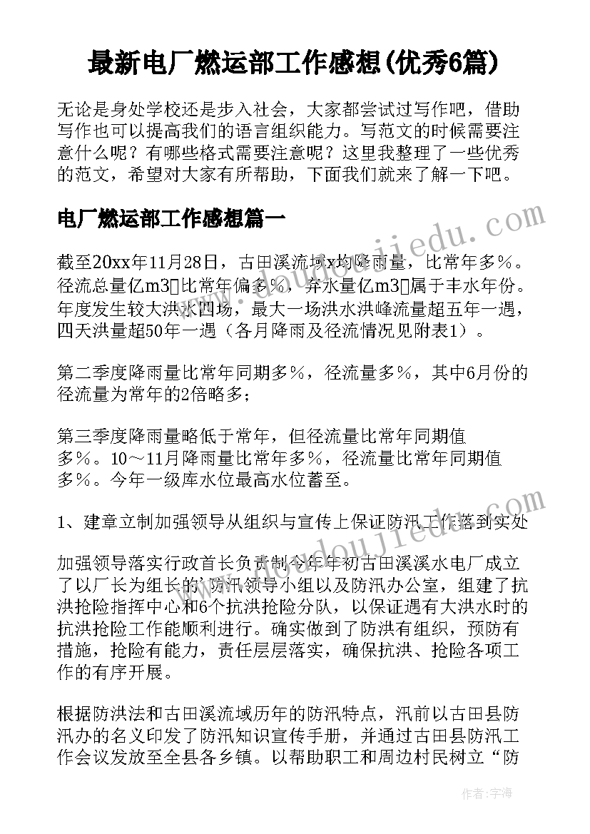 最新电厂燃运部工作感想(优秀6篇)