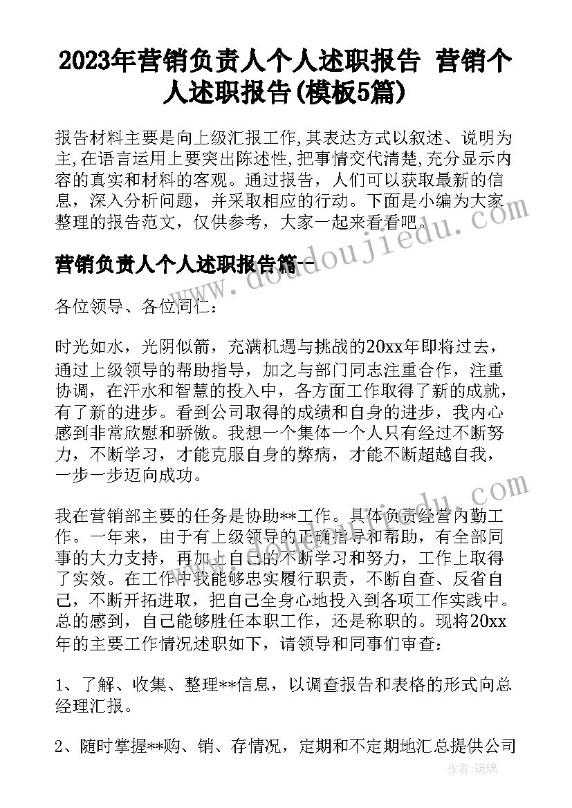 2023年营销负责人个人述职报告 营销个人述职报告(模板5篇)