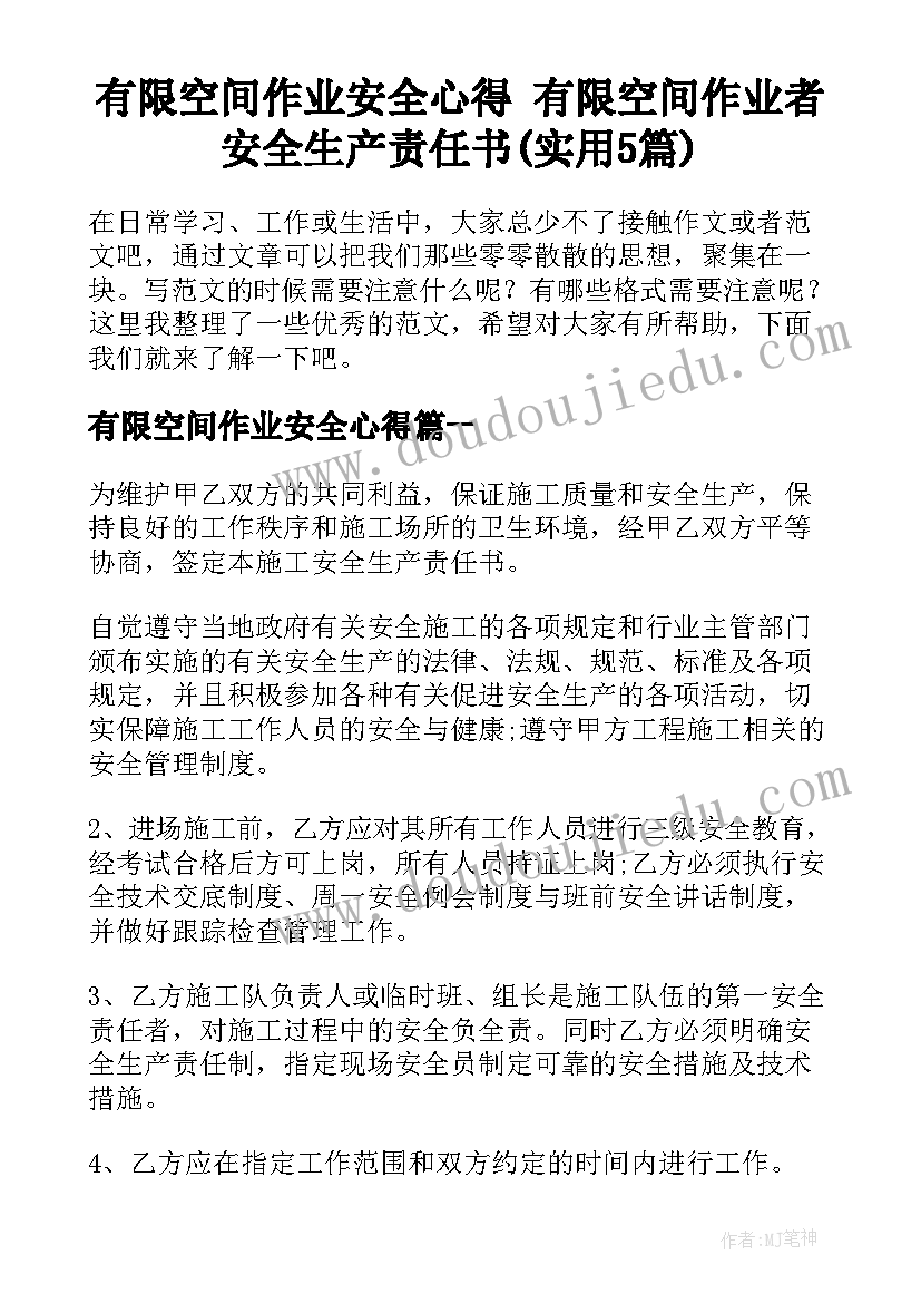 有限空间作业安全心得 有限空间作业者安全生产责任书(实用5篇)