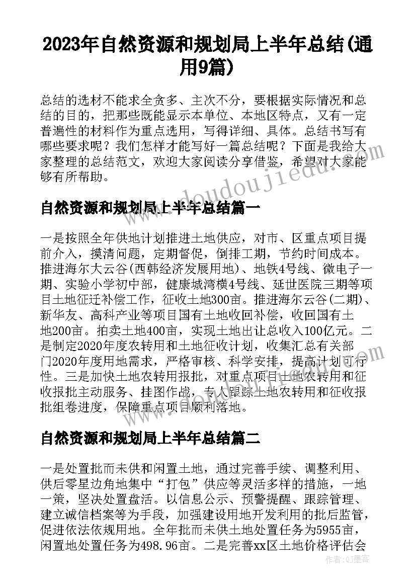 2023年自然资源和规划局上半年总结(通用9篇)