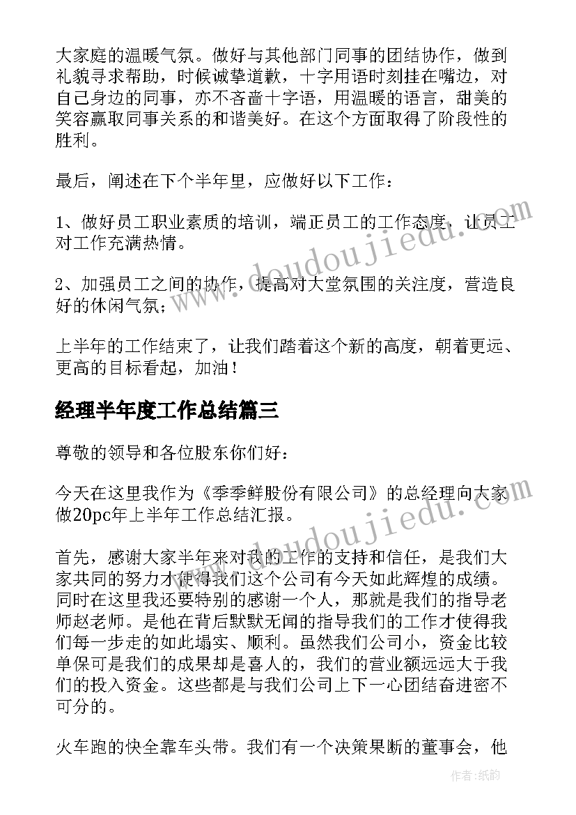 2023年经理半年度工作总结(精选8篇)