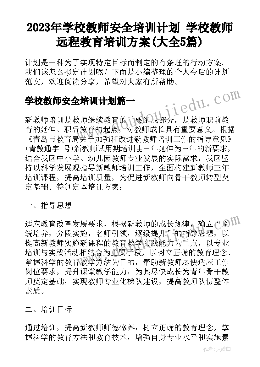 2023年学校教师安全培训计划 学校教师远程教育培训方案(大全5篇)