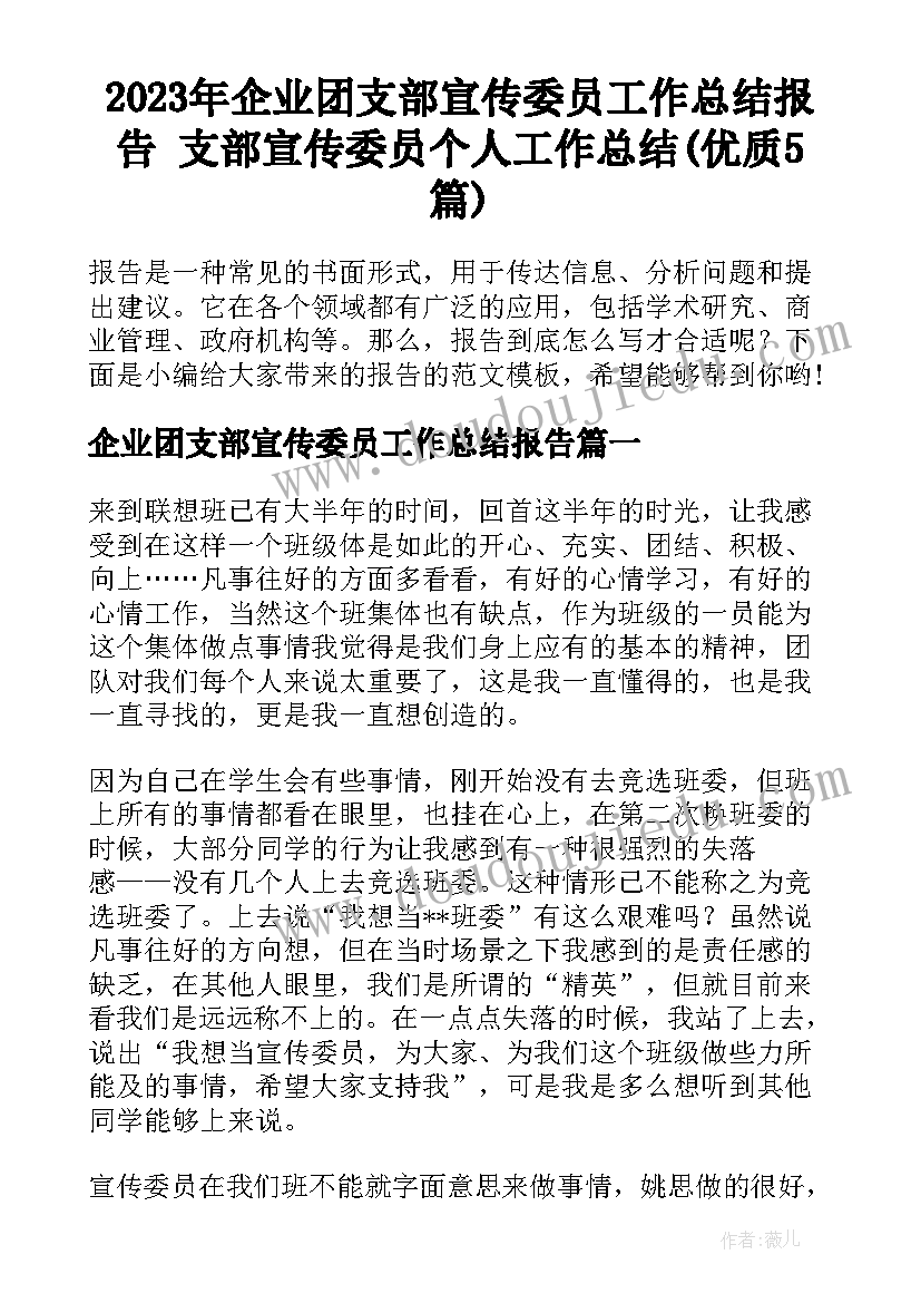 2023年企业团支部宣传委员工作总结报告 支部宣传委员个人工作总结(优质5篇)