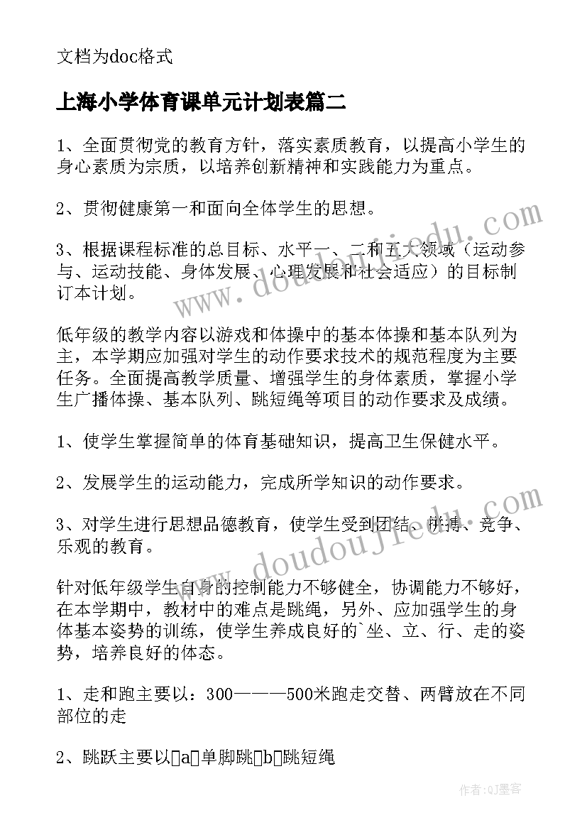 上海小学体育课单元计划表 小学体育单元教学计划(优质5篇)