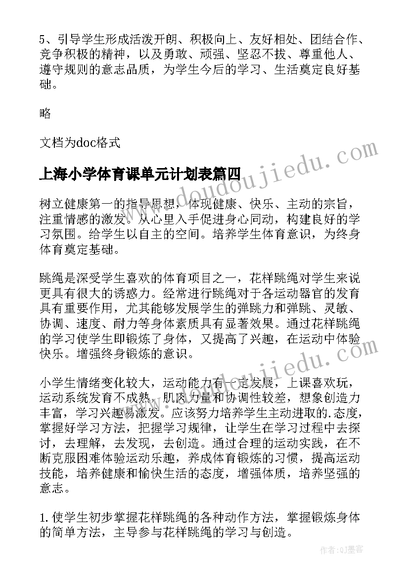 上海小学体育课单元计划表 小学体育单元教学计划(优质5篇)