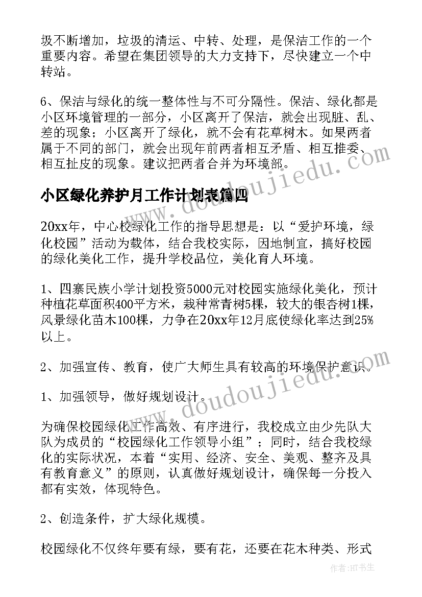 最新小区绿化养护月工作计划表(通用5篇)