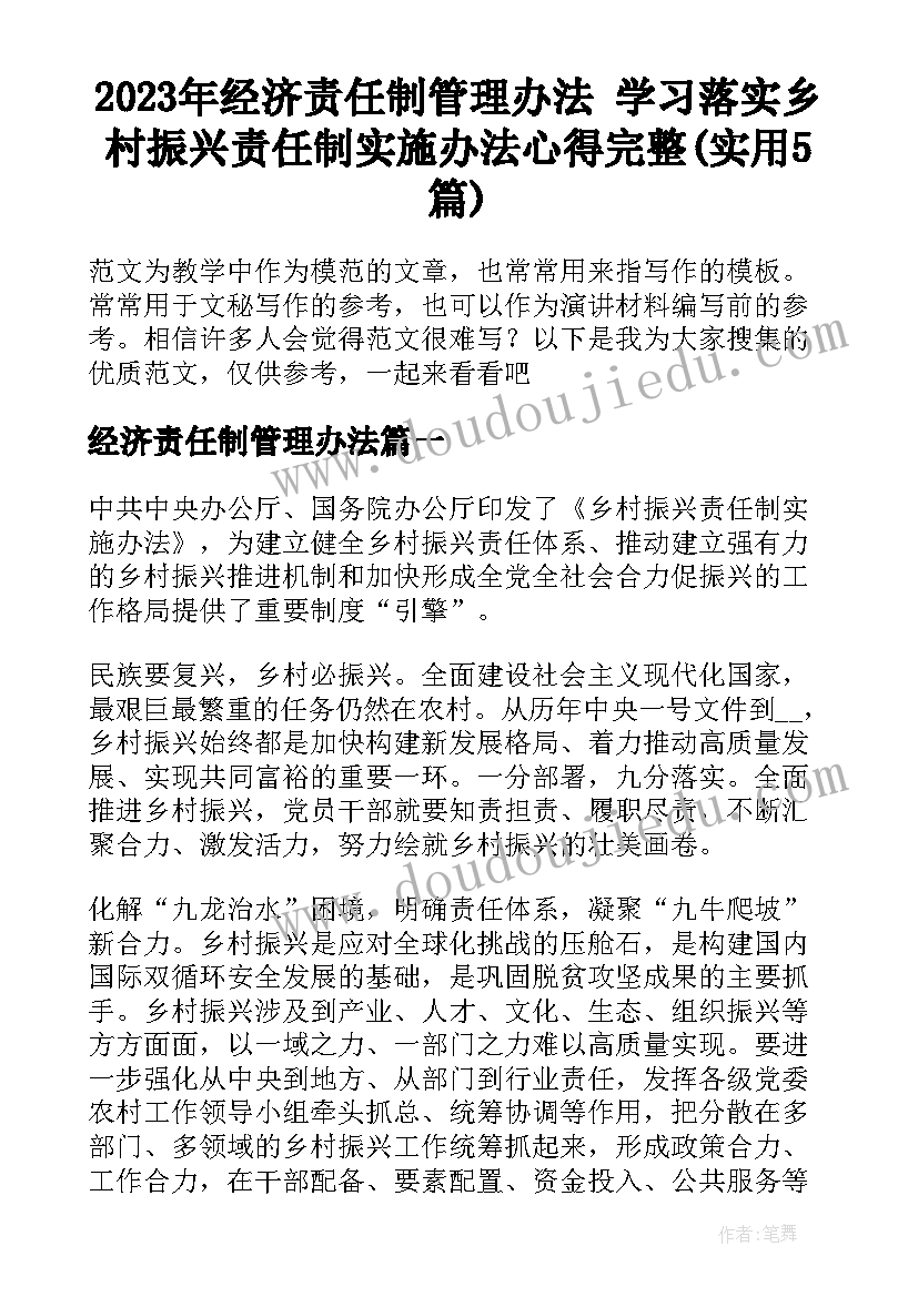 2023年经济责任制管理办法 学习落实乡村振兴责任制实施办法心得完整(实用5篇)