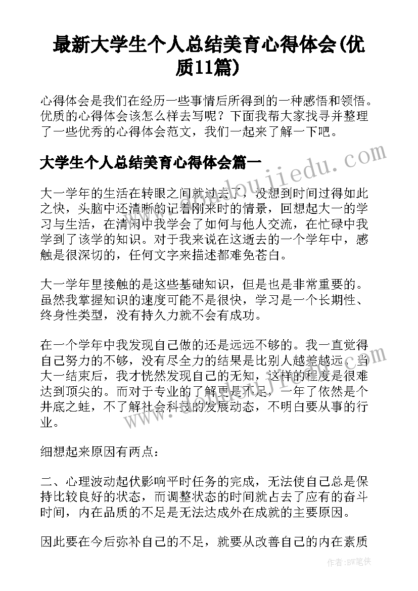 最新大学生个人总结美育心得体会(优质11篇)