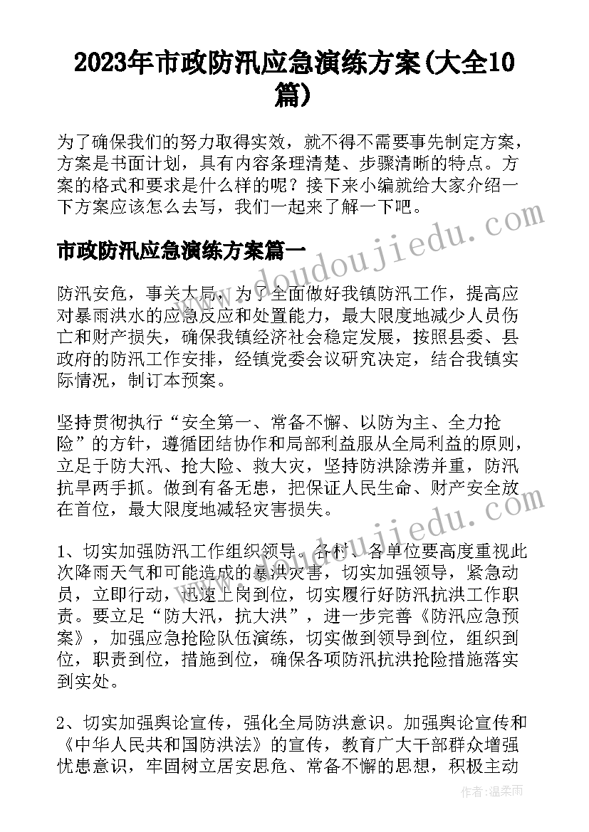 2023年市政防汛应急演练方案(大全10篇)