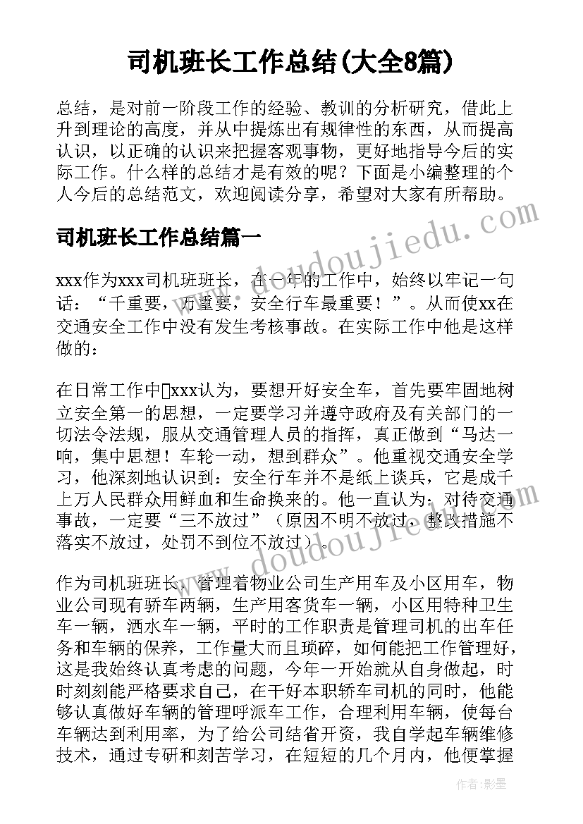 司机班长工作总结(大全8篇)