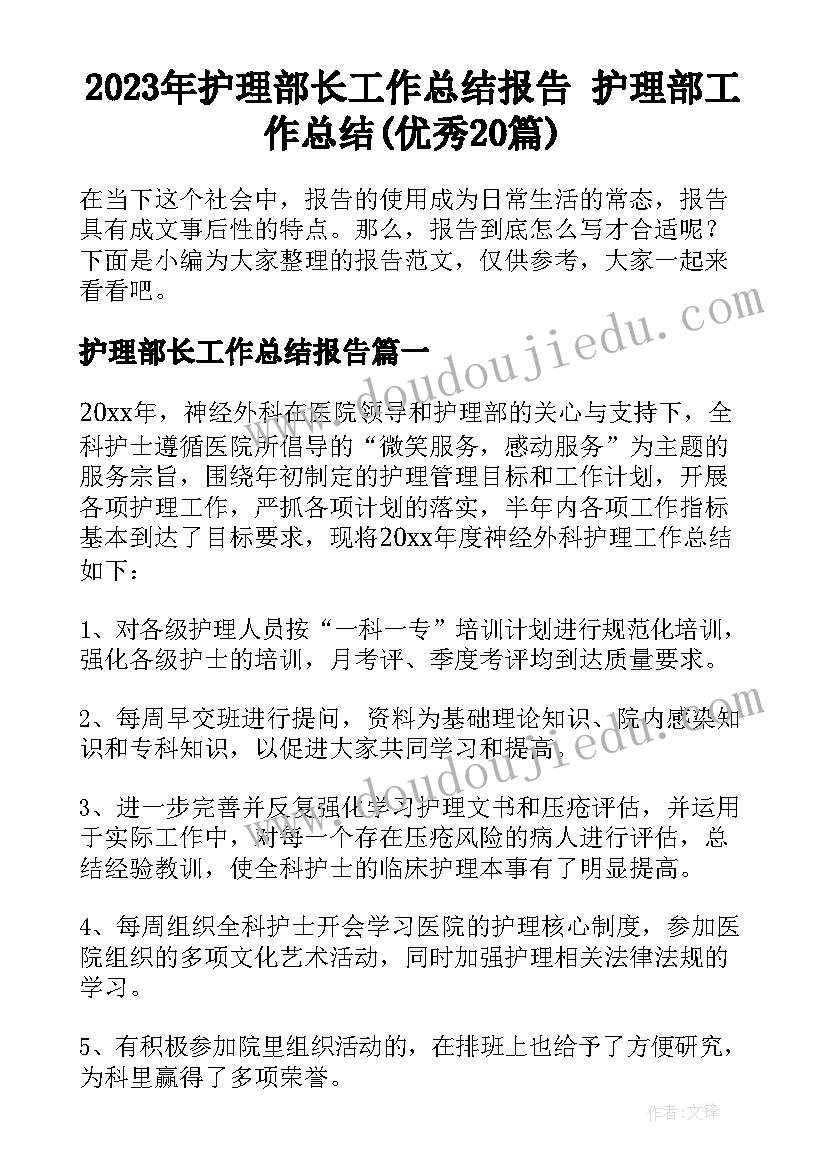 2023年护理部长工作总结报告 护理部工作总结(优秀20篇)