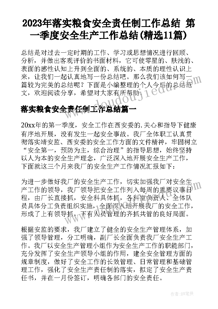 2023年落实粮食安全责任制工作总结 第一季度安全生产工作总结(精选11篇)