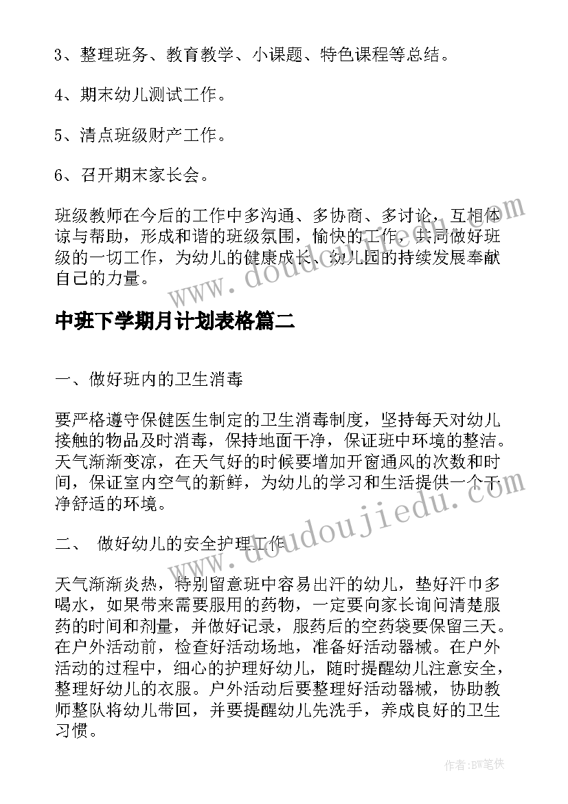 2023年中班下学期月计划表格 中班下学期班务计划(优质13篇)