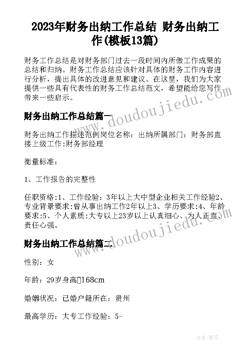 2023年财务出纳工作总结 财务出纳工作(模板13篇)