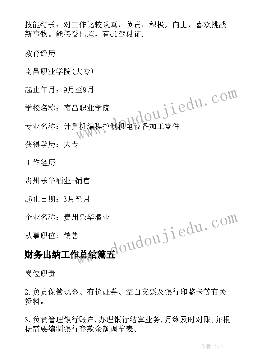 2023年财务出纳工作总结 财务出纳工作(模板13篇)