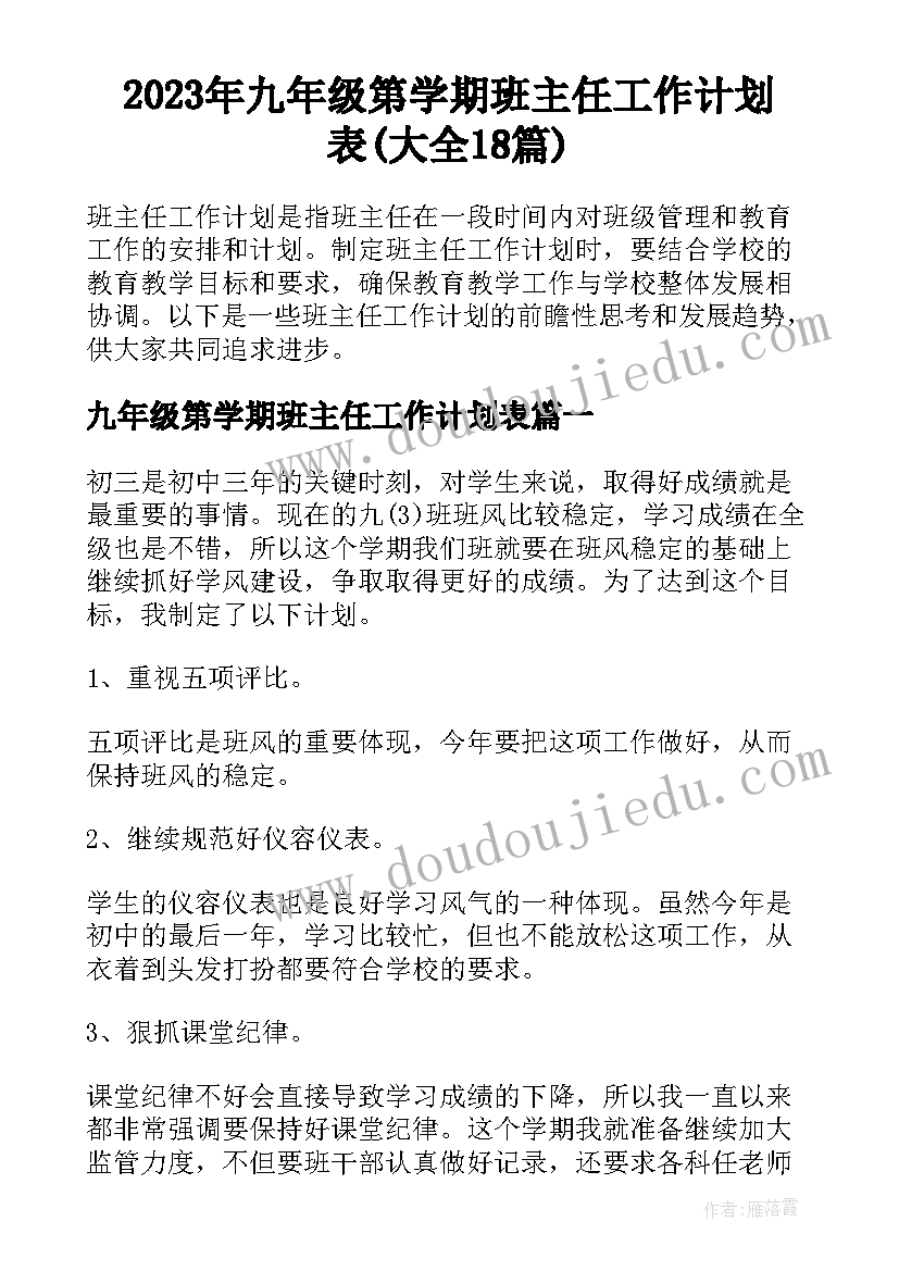 2023年九年级第学期班主任工作计划表(大全18篇)