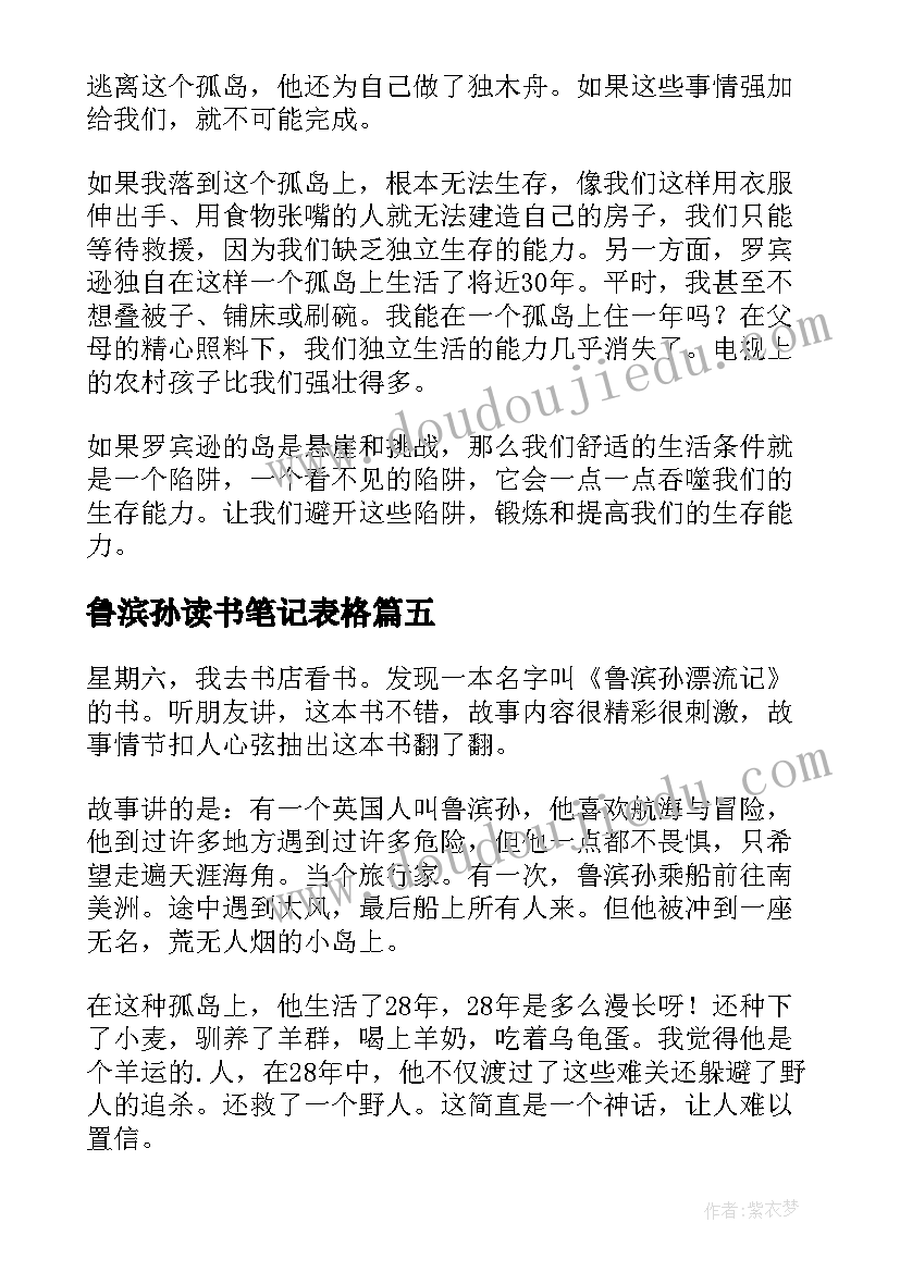 最新鲁滨孙读书笔记表格(通用5篇)