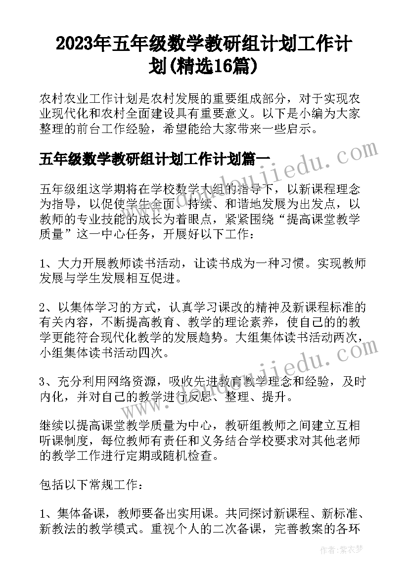 2023年五年级数学教研组计划工作计划(精选16篇)