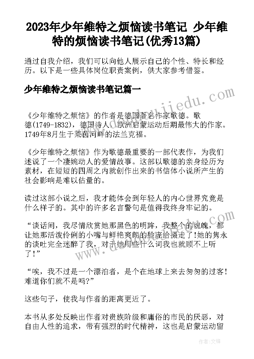 2023年少年维特之烦恼读书笔记 少年维特的烦恼读书笔记(优秀13篇)