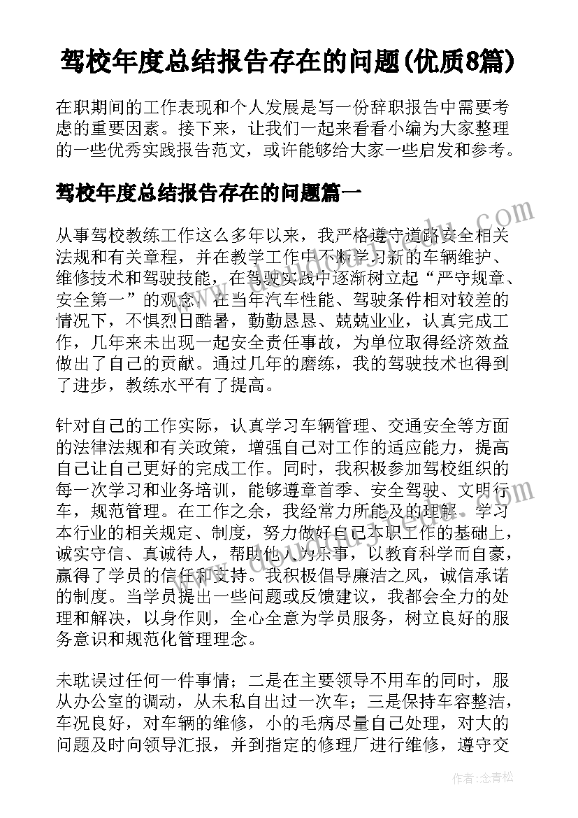 驾校年度总结报告存在的问题(优质8篇)