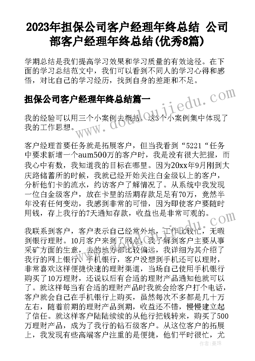 2023年担保公司客户经理年终总结 公司部客户经理年终总结(优秀8篇)