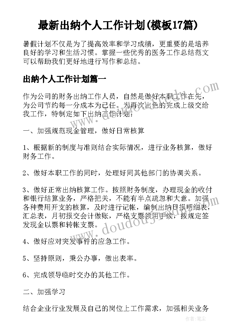 最新出纳个人工作计划(模板17篇)