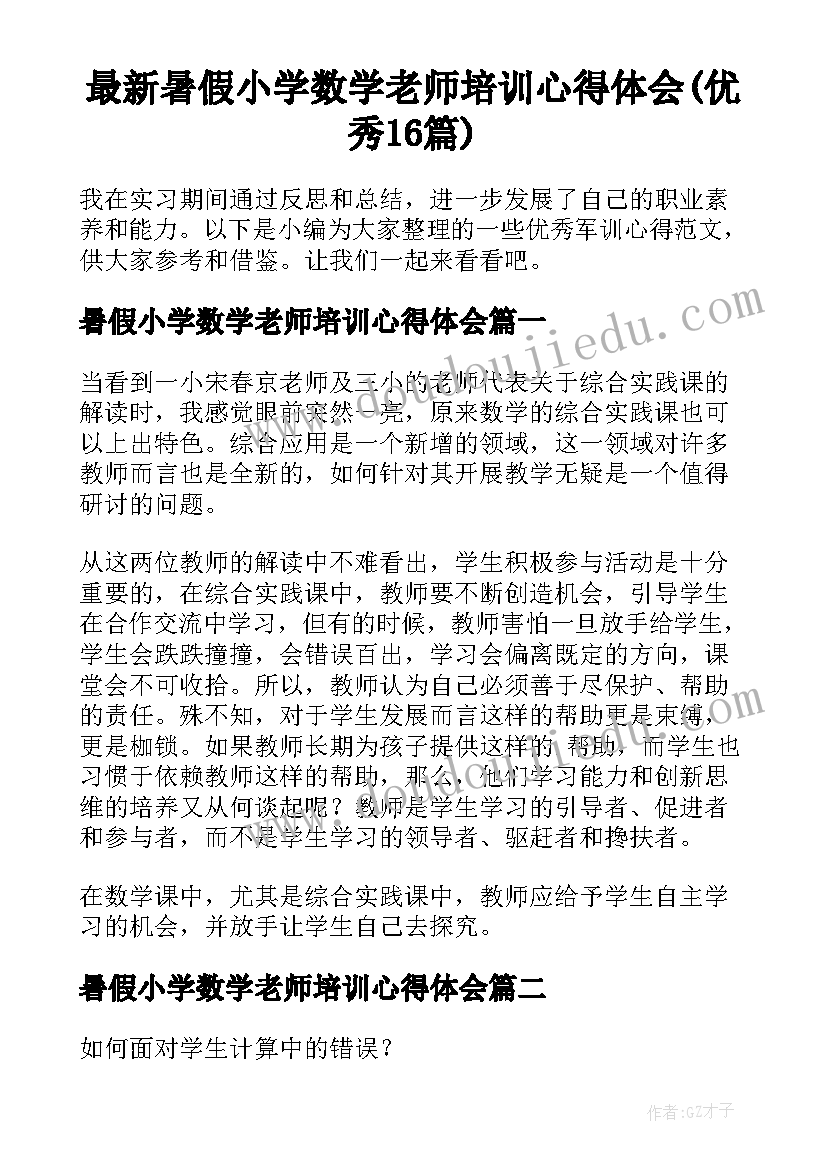 最新暑假小学数学老师培训心得体会(优秀16篇)