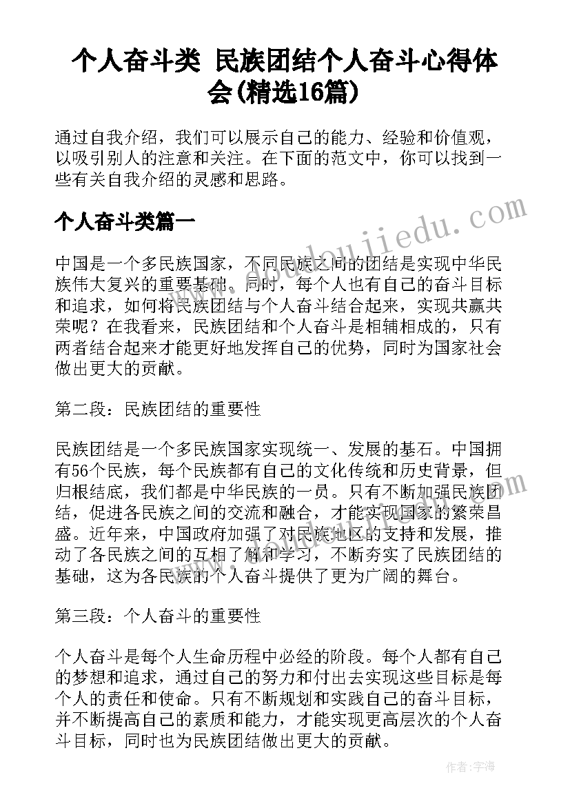 个人奋斗类 民族团结个人奋斗心得体会(精选16篇)