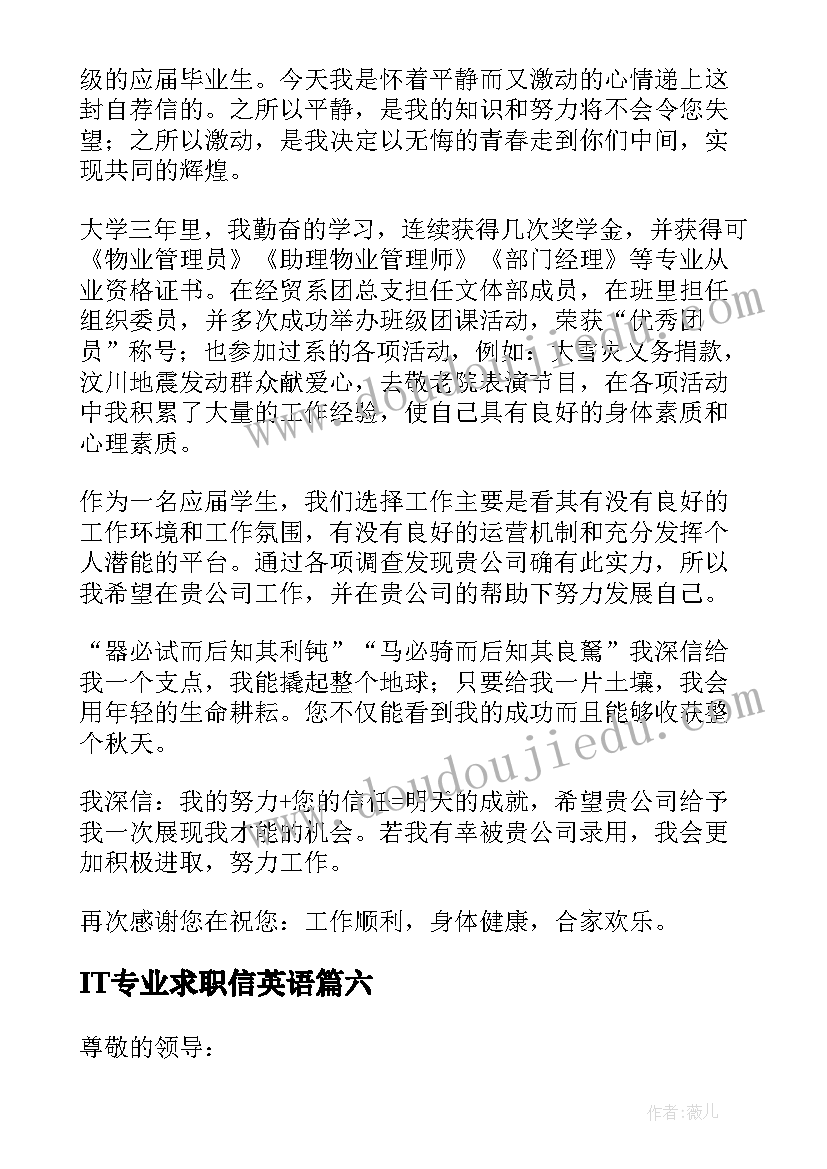 最新IT专业求职信英语(大全8篇)