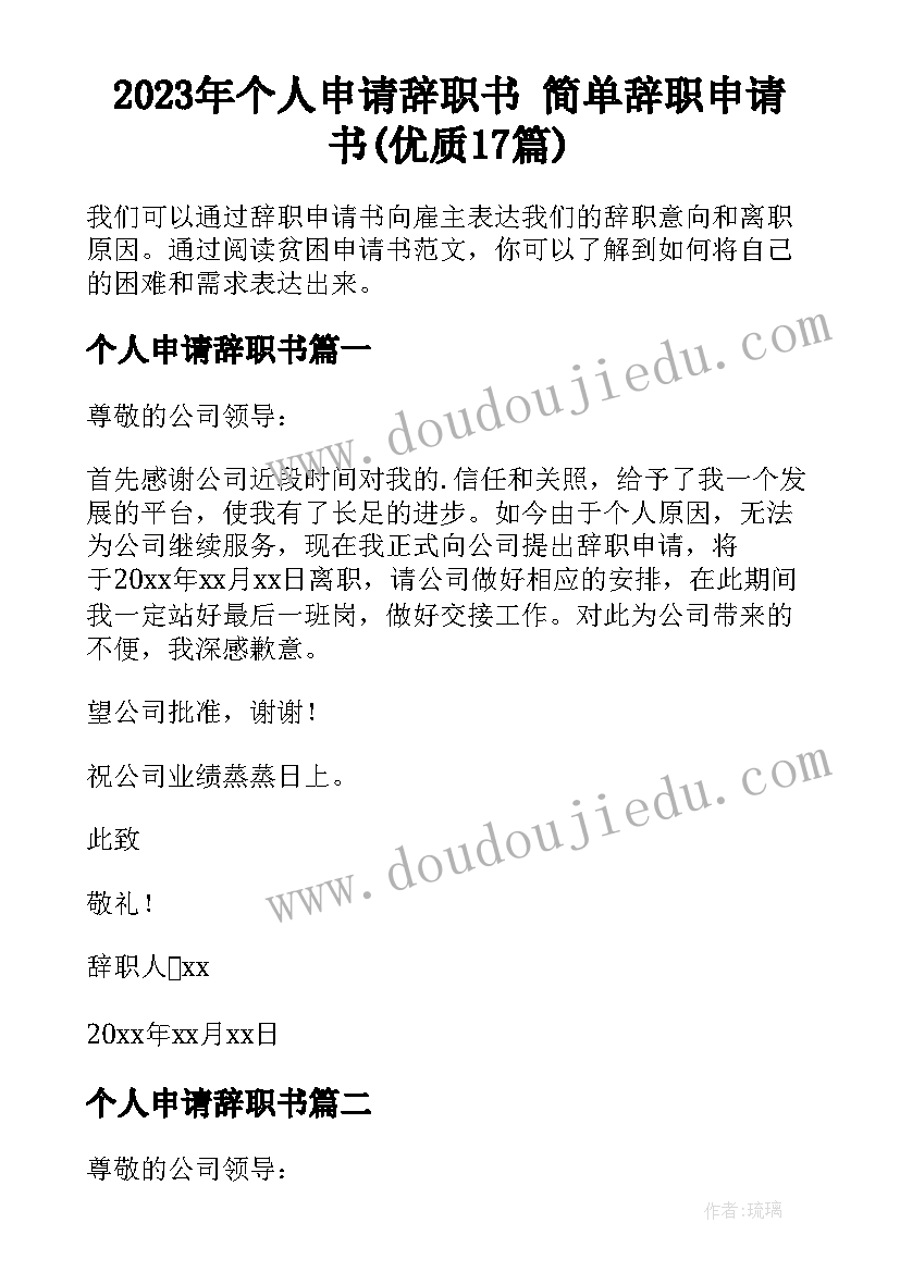 2023年个人申请辞职书 简单辞职申请书(优质17篇)