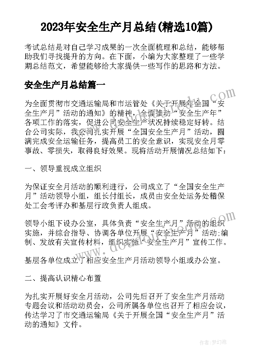 2023年安全生产月总结(精选10篇)