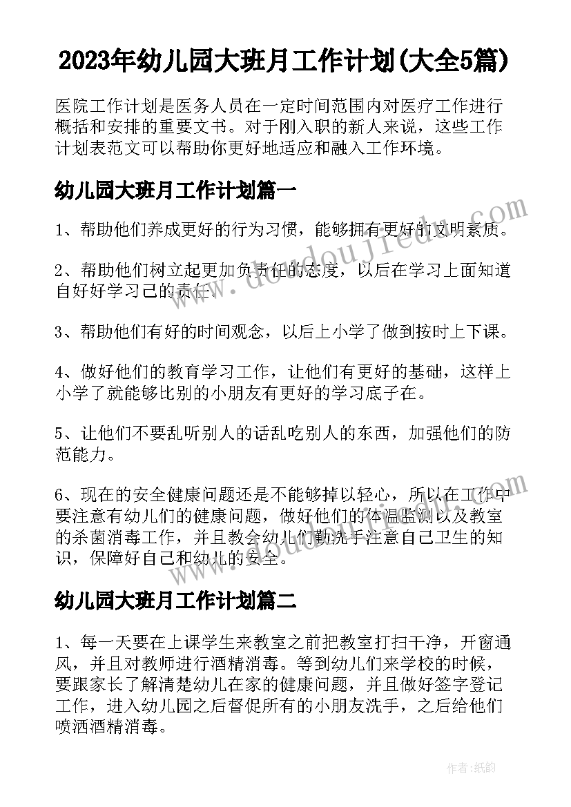 2023年幼儿园大班月工作计划(大全5篇)