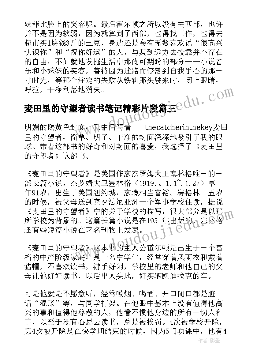 麦田里的守望者读书笔记精彩片段(通用9篇)