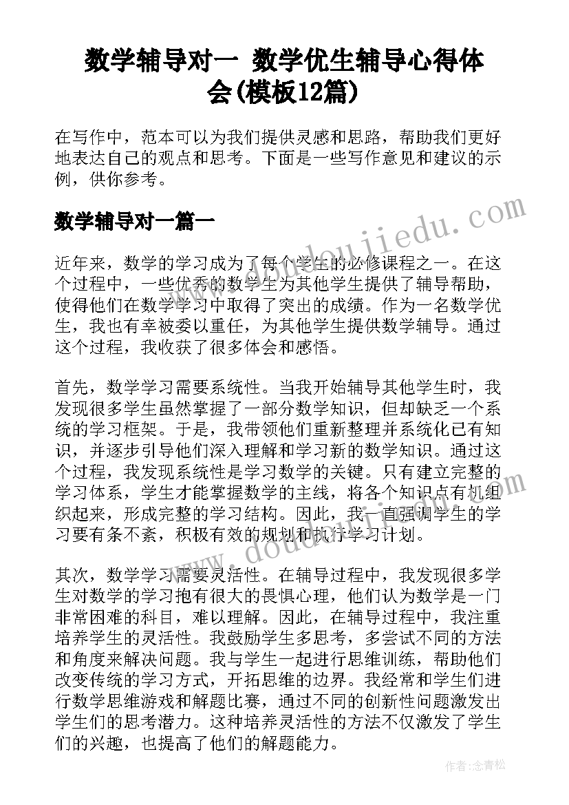 数学辅导对一 数学优生辅导心得体会(模板12篇)