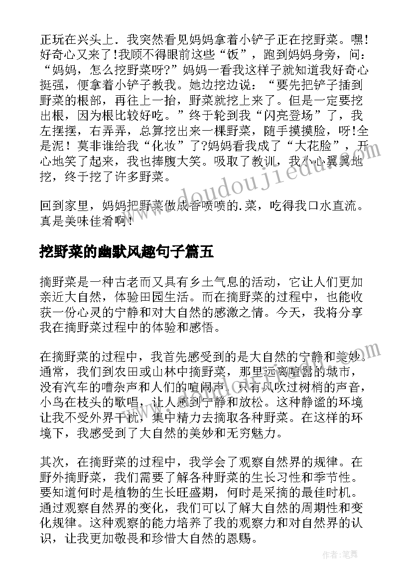 2023年挖野菜的幽默风趣句子 摘野菜心得体会一年级(通用15篇)