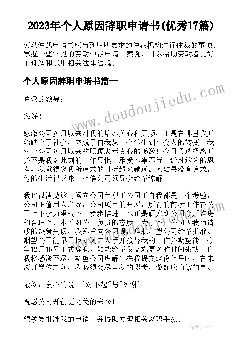 2023年个人原因辞职申请书(优秀17篇)