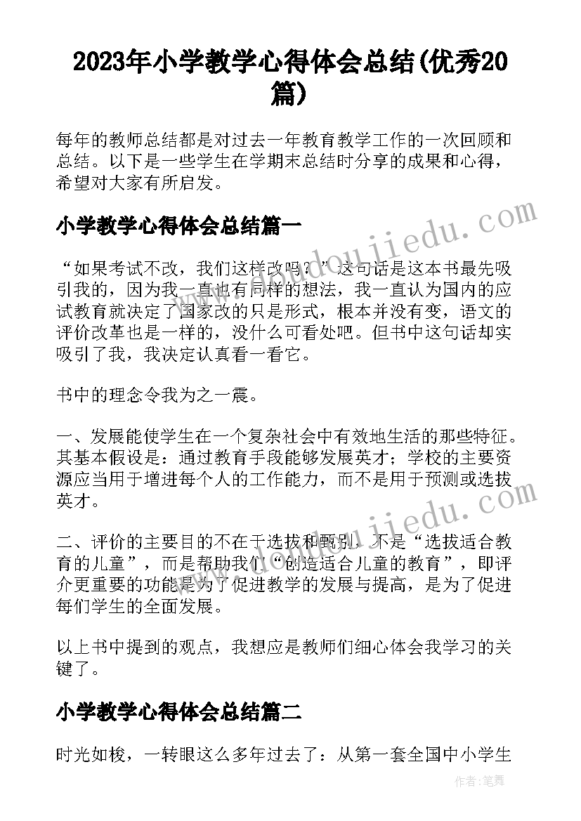 2023年小学教学心得体会总结(优秀20篇)