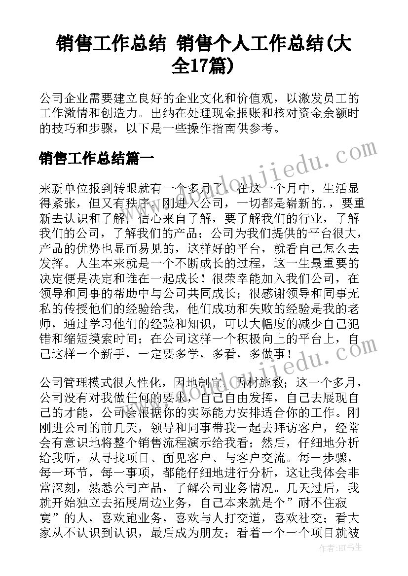 销售工作总结 销售个人工作总结(大全17篇)