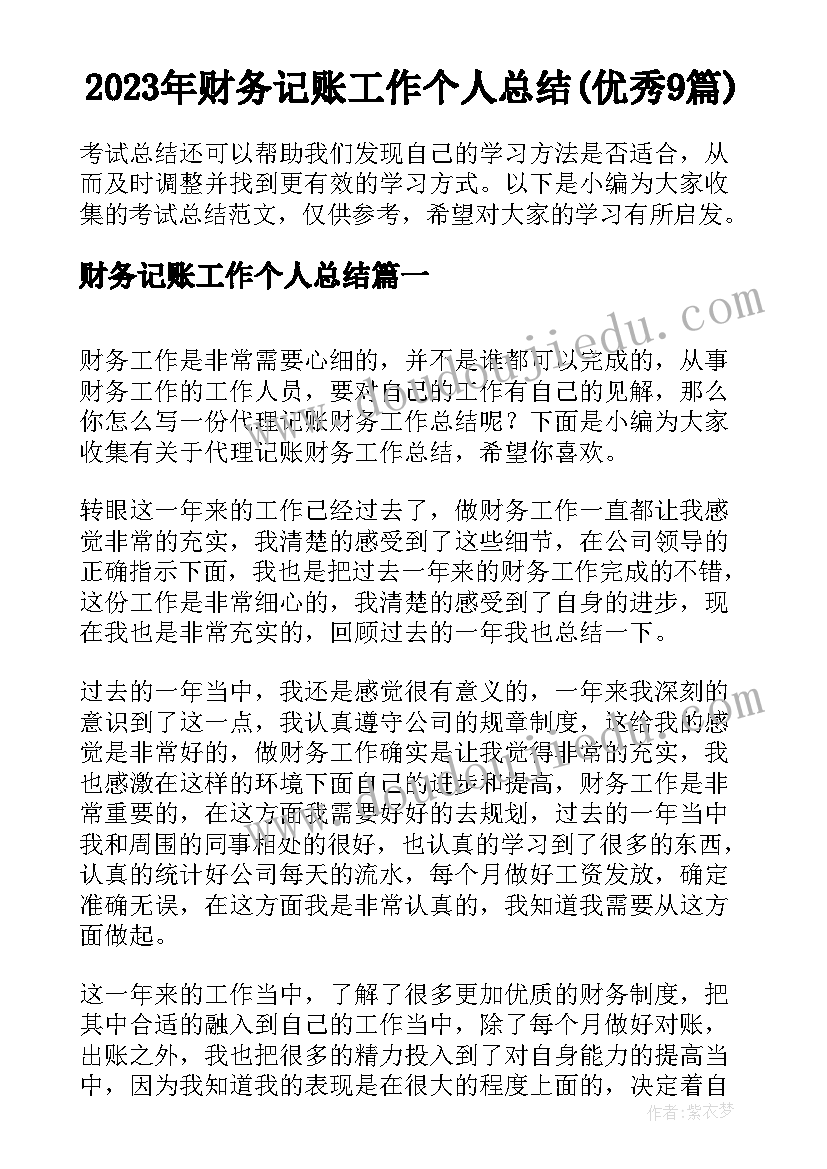 2023年财务记账工作个人总结(优秀9篇)