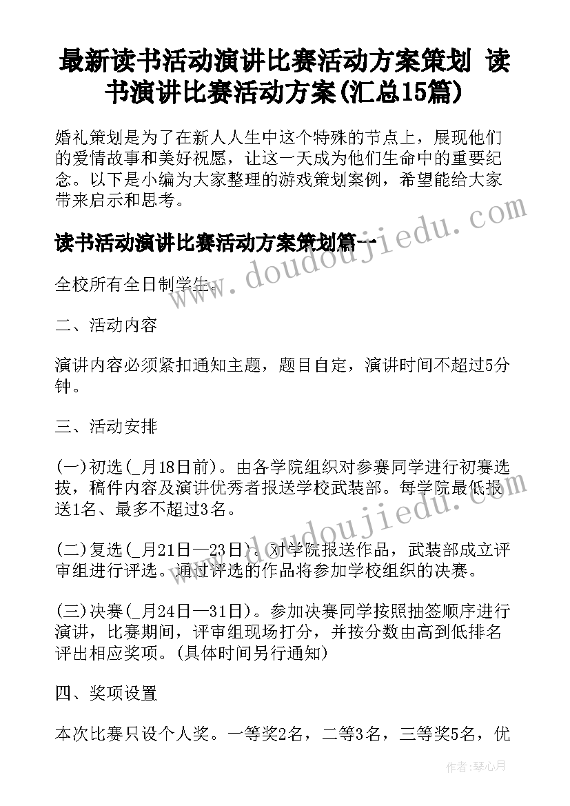 最新读书活动演讲比赛活动方案策划 读书演讲比赛活动方案(汇总15篇)