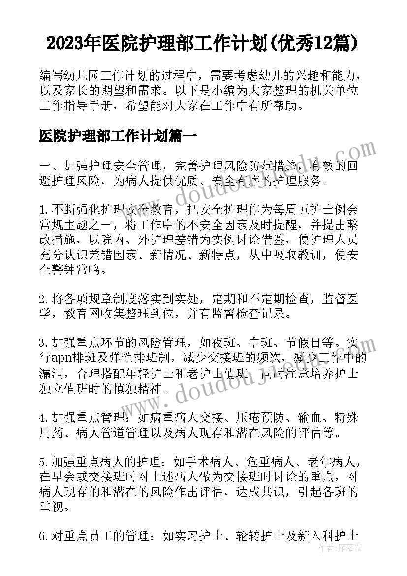 2023年医院护理部工作计划(优秀12篇)